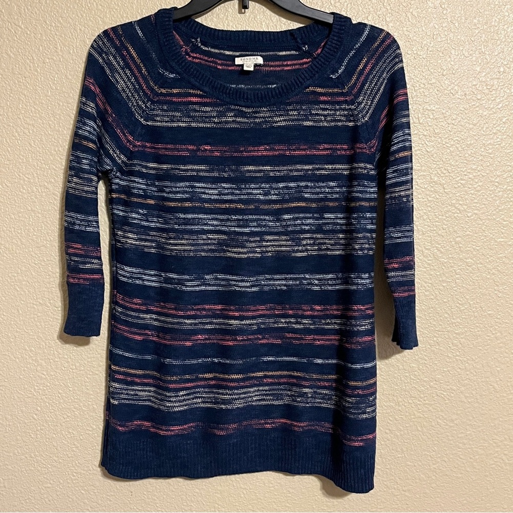 Sonoma Women’s PM Navy Knit w/ Multicolored Stripes 3/4 Sleeve Sweater